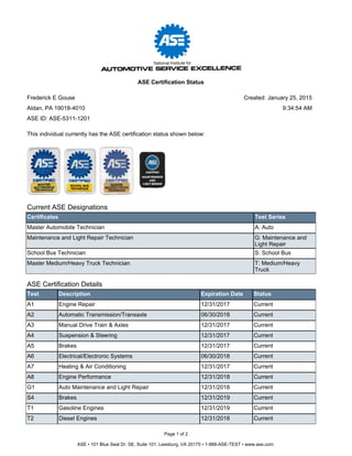 Current ASE Designations
Certificates Test Series
Master Automobile Technician A: Auto
Maintenance and Light Repair Technician G: Maintenance and
Light Repair
School Bus Technician S: School Bus
Master Medium/Heavy Truck Technician T: Medium/Heavy
Truck
ASE Certification Details
Test Description Expiration Date Status
A1 Engine Repair 12/31/2017 Current
A2 Automatic Transmission/Transaxle 06/30/2018 Current
A3 Manual Drive Train & Axles 12/31/2017 Current
A4 Suspension & Steering 12/31/2017 Current
A5 Brakes 12/31/2017 Current
A6 Electrical/Electronic Systems 06/30/2018 Current
A7 Heating & Air Conditioning 12/31/2017 Current
A8 Engine Performance 12/31/2018 Current
G1 Auto Maintenance and Light Repair 12/31/2018 Current
S4 Brakes 12/31/2019 Current
T1 Gasoline Engines 12/31/2019 Current
T2 Diesel Engines 12/31/2018 Current
This individual currently has the ASE certification status shown below:
Page 1 of 2
ASE • 101 Blue Seal Dr. SE, Suite 101, Leesburg, VA 20175 • 1-888-ASE-TEST • www.ase.com
Frederick E Gouse
Aldan, PA 19018-4010
ASE Certification Status
ASE ID: ASE-5311-1201
Created: January 25, 2015
9:34:54 AM
 