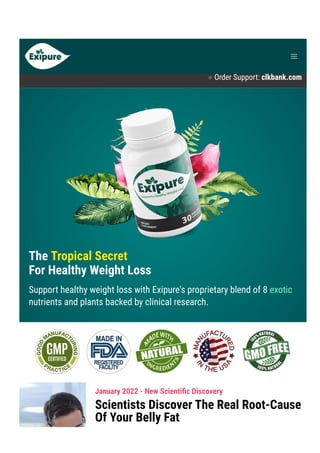 Product Support contact@exipure.com 1-888-865-0815
● Order Support: clkbank.com
The Tropical Secret
For Healthy Weight Loss
Support healthy weight loss with Exipure's proprietary blend of 8 exotic
nutrients and plants backed by clinical research.
January 2022 - New Scienti몭c Discovery
Scientists Discover The Real Root-Cause
Of Your Belly Fat
 