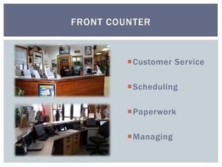 Customer Service
Scheduling
Paperwork
Managing
FRONT COUNTER
 