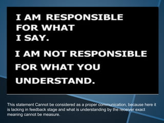 This statement Cannot be considered as a proper communication, because here it
is lacking in feedback stage and what is understanding by the receiver exact
meaning cannot be measure.
 