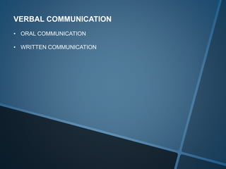 VERBAL COMMUNICATION
• ORAL COMMUNICATION
• WRITTEN COMMUNICATION
 