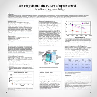 Ion Propulsion: The Future of Space Travel
Jacob Benner, Augustana College
Abstract:
Chemical propulsion is typically the main type of propulsion used today. Recently however, ion propulsion technology has been implemented in space missions such as NASA’s Deep Space 1 and Dawn.
These missions, in particular the Dawn mission, have shed a great deal of light on the advantages of ion thruster systems. By using ionized propellant and sending it through a electrode grid, high
velocities can be attained with little propellant. This reduces the cost of the missions which makes ion propulsion an appealing new approach to space travel.
Introduction:
Since the space race of the 1950’s people have been
fascinated with space travel. Because of that, there have
been vast improvements in the field. Despite this there is
still a problem that gets in the way of going deeper into
space, time and distance. Increasing propulsion velocity is
the most effective way to travel deeper into space. Today
most propulsion systems are chemical based. The most
promising propulsion system however, is ion propulsion.
Ion propulsion offers a more efficient system and higher
velocities.
Conclusion:
• Ion propulsion is an efficient way of space travel
• Great velocities achievable
• High specific impulse
• Ion propulsion is cost effective
How Ion Propulsion works:
In a typical ion propulsion system electrons are
generated by the discharge cathode. The electrons flow
out of the cathode and are attracted to the chamber
walls. The walls are charged with a high positive
potential from the ship’s power supply. These electrons
then ionize the propellant (an inert gas, typically xenon)
by electron bombardment. These ions are then
accelerated using two electrodes (ion optics or grids).
There is an upstream grid and a downstream one. The
upstream grid is highly positively charged, whereas the
downstream grid is highly negatively charged. Since
these ions are highly positive they are accelerated
through the grid at high rates of speed. This creates a
stream of ion jets. Since the thrusters exhaust speed is
based on the voltage applied to the electrodes the speed
attainable is very high. Now, because the thruster expels
positive ions an equal amount of negative ions must be
expelled to keep the charge of the beam equal. Because
of this an extra cathode is added called the neutralizer
to release the extra ions.
*This process is seen in Figure 1 below
Figure 2: an ion thrusters operation. Photo courtesy of NASA
Specific Impulse (Isp):
Definition- thrust divided by weight of propellant
per unit time.
Specific impulse gives a effeciency of a propulsion
system. A higher specific impulse suggests a lower
mass of propellant, higher thrust or both. Therefore,
a higher specific impulse is desired. Figure 2 shows
the relationship between the specific impulse and
mass of the propellant for ion thrusters. This data is
assuming two ion thrusters producing a thrust of
25kN. The data shows how specific impulse can be
attained with little propellant showcasing the ion
propulsion systems efficiency.
NASA’s Dawn Spacecraft:
NASA is currently conducting a mission using ion thruster
technology. The spacecraft (Dawn) is expected to venture 3
billion miles to the asteroid Vesta and the dwarf planet Ceres.
Feats of the spacecraft include:
• Surpassing Deep Space 1’s all-time velocity record at 9,600
mph.
• Reached this velocity using only 165 kg of propellant.
• Over the course of the mission Dawn will reach a velocity of
24,000 mph.
• In a year of thruster operation the spacecraft will reach a
speed of 5,500 mph with only the equivalent of 16 gallons of
gas.
Figure 3: Propellant Mass versus Specific impulse. Graph shows three different points off
the earth. From 300km off earths surface more propellant is required to reach needed
Isp than from 2000km off earths surface and even more so from geosyncronous transfer
orbit (42,164km).
Graph courtesy of: “The impact of advanced platform and ion propulsion technologies
on small, low-cost interplanetary spacecraft”
Figure 1: velocity versus time for the Dawn space mission. The slow acceleration of
ion thrusters is evident.
Data from: “NASA Spacecraft Breaks Speed Boost Record”
Cost:
Ion thrusters are not only efficient but also cost effective. We
see this present in the Dawn mission. NASA says this about
the mission “The use of ion propulsion, combined with other
systems that have extensive ﬂight heritage, allows a project
that can yield signiﬁcant advances in planetary science at an
affordable price”. The affordability of these projects is a major
advantage of using ion propulsion systems.
References:
• Clark, Stephen D., and David G. Fearn. "The impact of advanced platform and ion propulsion
technologies on small, low-cost interplanetary spacecraft." Acta Astronautica 59.8-11 (2006):
899-910. Print.
• "Ion Propulsion." NASA. NASA, n.d. Web. 14 Mar.
2013.<http://www.nasa.gov/centers/glenn/about/fs21grc.html>.
• Chow, Denise. "NASA Spacecraft Breaks Speed Boost Record." Space. N.p., 11 June 2010. Web.
29 Apr. 2013. <http://www.space.com/8579-nasa-spacecraft-breaks-speed-boost-
record.html>.
• Marc, Rayman D., et al. "Dawn:A mission in development for exploration of main belt
asteroids Vesta and Ceres." Acta Astronautica 58 (2006): 605-15. Print.
• "Spacecraft Propulsion." Wikiipedia. N.p., n.d. Web. 6 May 2013.
<http://en.wikipedia.org/wiki/ Spacecraft_propulsion#Electromagnetic_propulsion>.
Engine
Effective
Exhaust
Velocity
(km/s)
Specific
Impulse
(s)
Fuel mass
(kg)
Energy
required
(GJ)
Energy
per kg
of
propellant
minimum
power/thr
ust
Power
generator
mass/thru
st*
Solid Rocket
1 100 190,000 95 500 kJ 0.5 kW/N N/A
Bipropellant
Rocket
5 500 8,200 103 12.6 MJ 2.5 kW/N N/A
Ion Thruster 50 5,000 620 775 1.25 GJ 25 kW/N 25 kg/N
Rocket propulsion vs. Ion Propulsion:
Chemical propulsion, also known as rocket propulsion, is the most
commonly used propulsion method. Below is a table comparing
rocket and ion propulsion in different categories. This data
assumes a mass of 10,000kg and a delta V of 3000m/s. It also
assumes a specific power of 1kW/kg. Ion propulsion has a great
exhaust velocity and specific impulse which are desired. It also has
the lowest fuel mass which means it is most efficient. The
downsides of ion propulsion rather than rocket propulsion is it
requires more energy, power, and mass.
Figure 4: comparison of different propulsion systems.
Table courtesy of: “Space Propulsion”
 