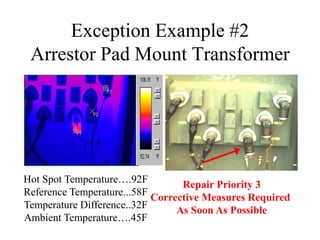 Exception Example #2
Arrestor Pad Mount Transformer
Hot Spot Temperature….92F
Reference Temperature...58F
Temperature Difference..32F
Ambient Temperature….45F
Repair Priority 3
Corrective Measures Required
As Soon As Possible
 