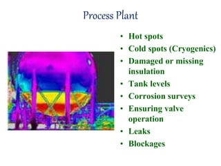 Process Plant
• Hot spots
• Cold spots (Cryogenics)
• Damaged or missing
insulation
• Tank levels
• Corrosion surveys
• Ensuring valve
operation
• Leaks
• Blockages
 