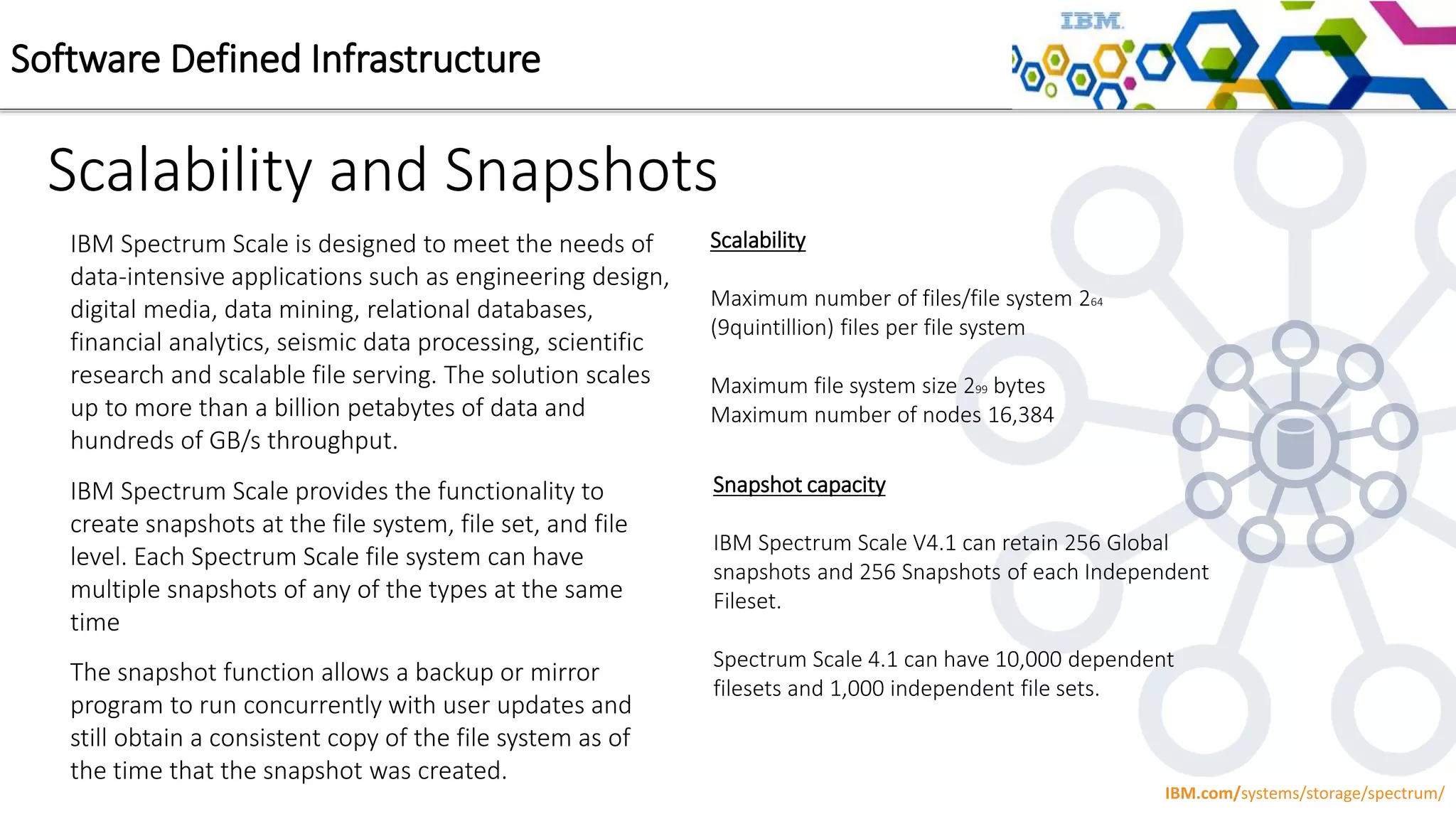Scalability and Snapshots
IBM Spectrum Scale provides the functionality to
create snapshots at the file system, file set, and file
level. Each Spectrum Scale file system can have
multiple snapshots of any of the types at the same
time
Software Defined Infrastructure
The snapshot function allows a backup or mirror
program to run concurrently with user updates and
still obtain a consistent copy of the file system as of
the time that the snapshot was created.
IBM.com/systems/storage/spectrum/
Snapshot capacity
IBM Spectrum Scale V4.1 can retain 256 Global
snapshots and 256 Snapshots of each Independent
Fileset.
Spectrum Scale 4.1 can have 10,000 dependent
filesets and 1,000 independent file sets.
Scalability
Maximum number of files/file system 264
(9quintillion) files per file system
Maximum file system size 299 bytes
Maximum number of nodes 16,384
IBM Spectrum Scale is designed to meet the needs of
data-intensive applications such as engineering design,
digital media, data mining, relational databases,
financial analytics, seismic data processing, scientific
research and scalable file serving. The solution scales
up to more than a billion petabytes of data and
hundreds of GB/s throughput.
 