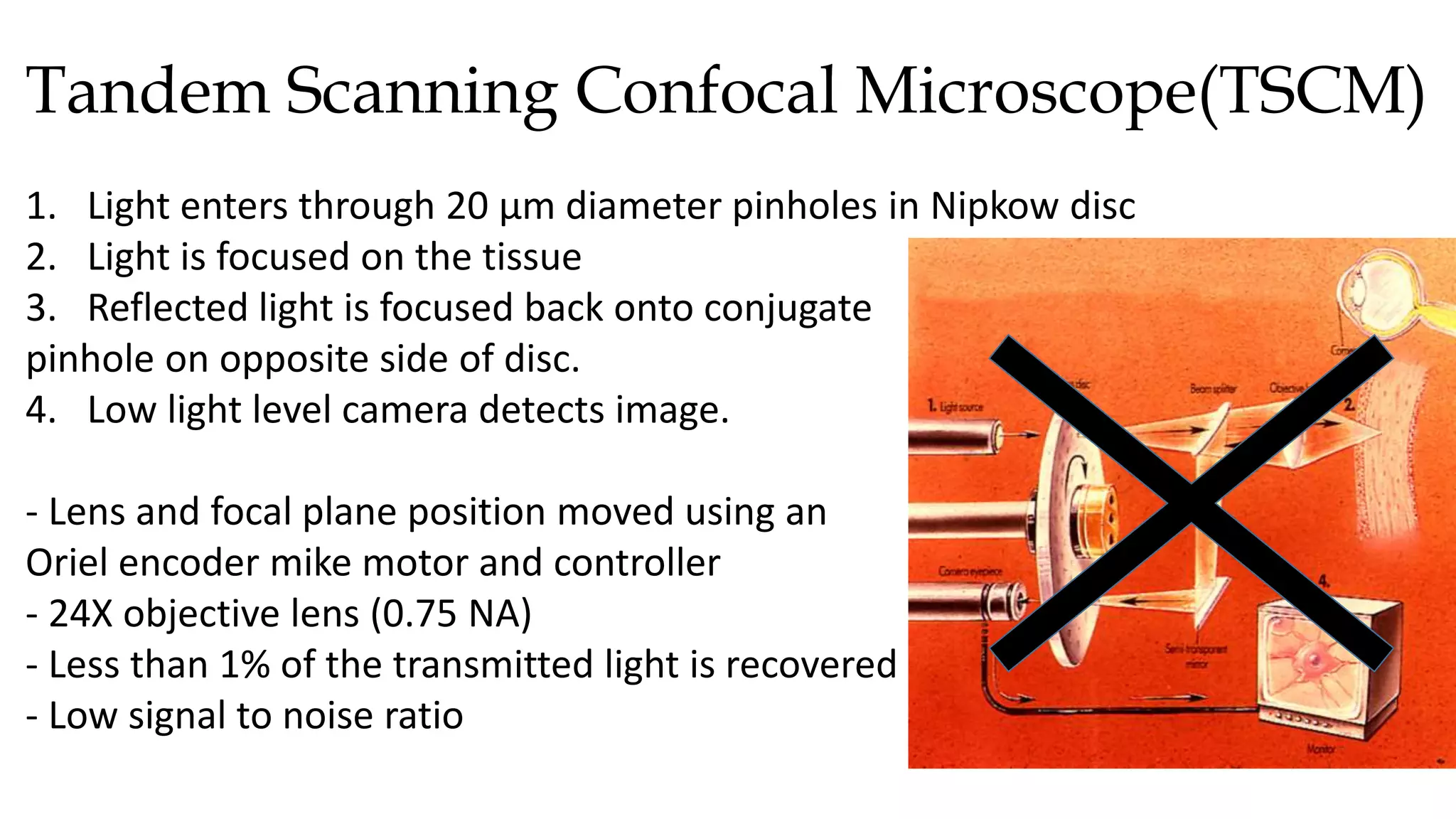 Tandem Scanning Confocal Microscope(TSCM)
1. Light enters through 20 µm diameter pinholes in Nipkow disc
2. Light is focused on the tissue
3. Reflected light is focused back onto conjugate
pinhole on opposite side of disc.
4. Low light level camera detects image.
- Lens and focal plane position moved using an
Oriel encoder mike motor and controller
- 24X objective lens (0.75 NA)
- Less than 1% of the transmitted light is recovered
- Low signal to noise ratio
 