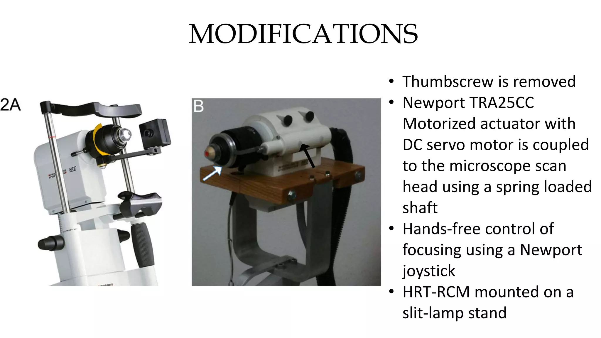 MODIFICATIONS
• Thumbscrew is removed
• Newport TRA25CC
Motorized actuator with
DC servo motor is coupled
to the microscope scan
head using a spring loaded
shaft
• Hands-free control of
focusing using a Newport
joystick
• HRT-RCM mounted on a
slit-lamp stand
 