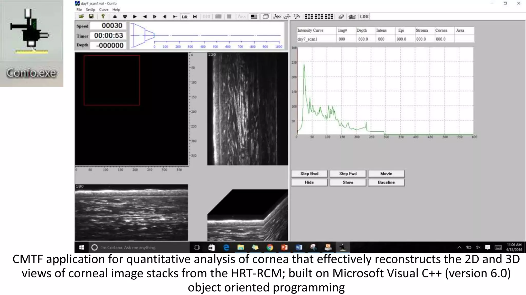 CMTF application for quantitative analysis of cornea that effectively reconstructs the 2D and 3D
views of corneal image stacks from the HRT-RCM; built on Microsoft Visual C++ (version 6.0)
object oriented programming
 