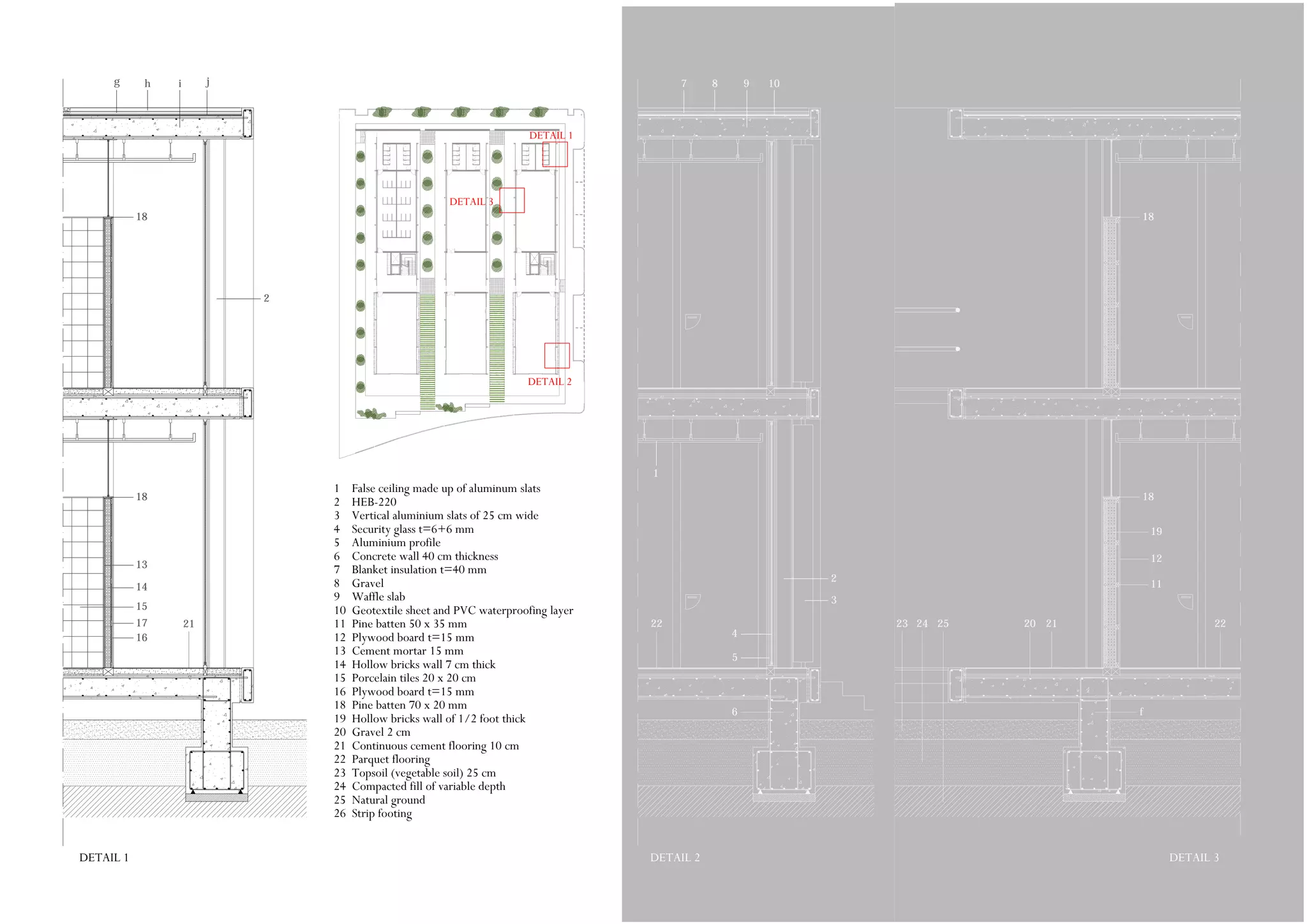 1
2
3
4
5
6
7 8 9 10
22
DETAIL 2
DETAIL 3
DETAIL 1
f
11
12
20
19
21 2223 24 25
18
18
g h i j
13
14
15
17
16
18
21
18
2
DETAIL 2
1 False ceiling made up of aluminum slats
2 HEB-220
3 Vertical aluminium slats of 25 cm wide
4 Security glass t=6+6 mm
5 Aluminium profile
6 Concrete wall 40 cm thickness
7 Blanket insulation t=40 mm
8 Gravel
9 Waffle slab
10 Geotextile sheet and PVC waterproofing layer
11 Pine batten 50 x 35 mm
12 Plywood board t=15 mm
13 Cement mortar 15 mm
14 Hollow bricks wall 7 cm thick
15 Porcelain tiles 20 x 20 cm
16 Plywood board t=15 mm
18 Pine batten 70 x 20 mm
19 Hollow bricks wall of 1/2 foot thick
20 Gravel 2 cm
21 Continuous cement flooring 10 cm
22 Parquet flooring
23 Topsoil (vegetable soil) 25 cm
24 Compacted fill of variable depth
25 Natural ground
26 Strip footing
DETAIL 3DETAIL 1
 