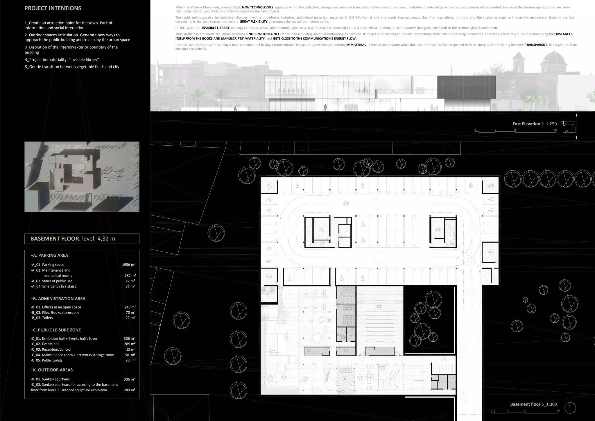 03
4443424140393837363534333231302928 45 4626 27
23222124252019
5150494847
0405060708091011121314 02 0115161718
65636159575553
56 58 60 62 645452
East Elevation S_1:250
0 1 5 10 20
0 1 5 10 20
Basement floor S_1:300
A1
1_Create an attraction point for the town. Park of
information and social interaction
2_Outdoor spaces articulation. Generate new ways to
approach the public building and to occupy the urban space
3_Disolution of the interior/exterior boundary of the
building
4_Project immateriality. “Invisible library”
5_Gentle transition between vegetable fields and city
PROJECT INTENTIONS After the Modern Movement, around 1965, NEW TECHNOLOGIES appeared within the collection, storage, recovery and transmission of information and documentation. It induced (provoked, caused) a series of accelerated changes in the libraries operations as well as in
their social mission, and it obviously had an impact on the new projects.
The rapid and successive technological changes, like the microforms inclusion, audiovisual materials, materials in DIGITAL format and afterwards Internet, made that the installations, furniture and the spaces arrangement have changed several times in the last
decades. It is for that reason that only a GREAT FLEXIBILITY guarantees the spaces' permanent utility.
In this way, the INVISIBLE LIBRARY typology comes up, whose architectural objective is to synthesise both real and virtual worlds, whilst meeting the continuously changeable demands of the technological development.
Thus, in the current world, the library becomes a NODE WITHIN A NET rather than a building aimed at harbouring a collection. Its target is to collect and provide information, rather than preserving documents. Therefore, the library turns into something that DISTANCES
ITSELF FROM THE BOOKS AND MANUSCRIPTS' MATERIALITY and GETS CLOSE TO THE COMMUNICATION'S ENERGY FLOW.
In conclusion, the library stops being a huge container and having a representative image, but starts being something IMMATERIAL, a type of architecture which does not interrupt the landscape and both are merged. So the library becomes TRANSPARENT, like a gesture of an
absolute accessibility.
A2 A2
A2
A2
A2
A2
A2
A3 A4
B1
C1
C2
C4
BASEMENT FLOOR. level -4,32 m
1956 m²-A_01. Parking space
-A_02. Maintenance and
182 m²
27 m²
mechanical rooms
-A_03. Stairs of public use
-A_04. Emergency fire stairs 35 m²
+A. PARKING AREA
240 m²
70 m²
-B_01. Offices in an open space
-B_02. Files. Books storeroom
-B_03. Toilets 22 m²
+B. ADMINISTRATION AREA
-C_01. Exhibition hall + Events hall's foyer 306 m²
-C_02. Events hall 289 m²
-C_03. Reception/control 15 m²
-C_04. Maintenance room + art works storage room 50 m²
-C_05. Public toilets 20 m²
+C. PUBLIC LEISURE ZONE
B2
B3
C3 C4
C5
306 m²-K_01. Sunken courtyard
-K_02. Sunken courtyard for accesing to the basement
floor from level 0. Outdoor sculpture exhibition 289 m²
+K. OUTDOOR AREAS
K1K2
 