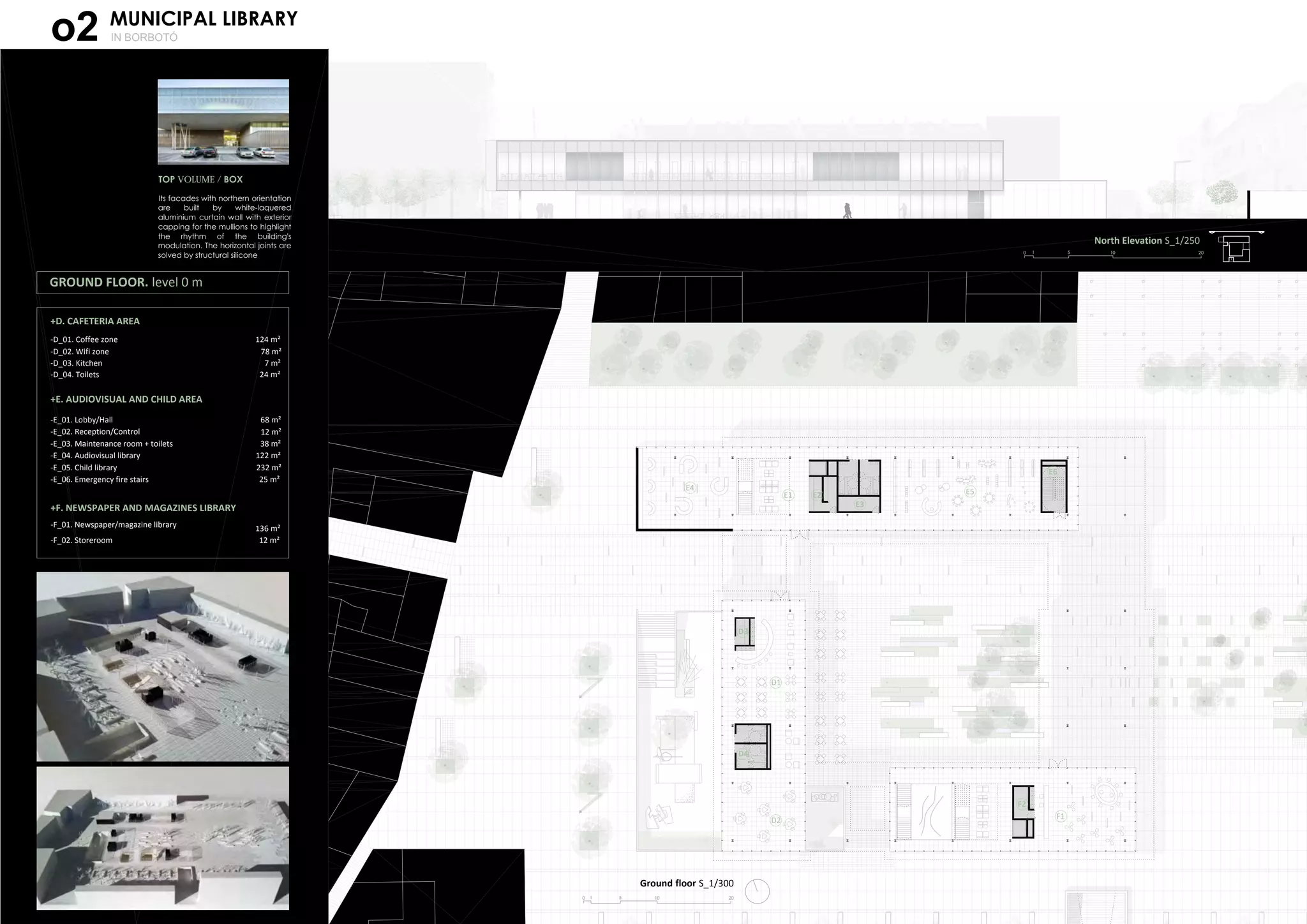 MUNICIPAL LIBRARY
IN BORBOTÓo2
GROUND FLOOR. level 0 m
-D_01. Coffee zone 124 m²
-D_02. Wifi zone 78 m²
-D_03. Kitchen 7 m²
-D_04. Toilets 24 m²
+D. CAFETERIA AREA
68 m²
12 m²
38 m²
122 m²
232 m²
-E_01. Lobby/Hall
-E_02. Reception/Control
-E_03. Maintenance room + toilets
-E_04. Audiovisual library
-E_05. Child library
-E_06. Emergency fire stairs 25 m²
+E. AUDIOVISUAL AND CHILD AREA
136 m²
+F. NEWSPAPER AND MAGAZINES LIBRARY
-F_01. Newspaper/magazine library
-F_02. Storeroom 12 m²
0 1 5 10 20
Ground floor S_1/300
North Elevation S_1/250
0 1 5 10 20
TOP VOLUME / BOX
Its facades with northern orientation
are built by white-laquered
aluminium curtain wall with exterior
capping for the mullions to highlight
the rhythm of the building's
modulation. The horizontal joints are
solved by structural silicone
D1
D2
D4
D3
E1
E3
E4 E5
E6
E2
F1
F2
 