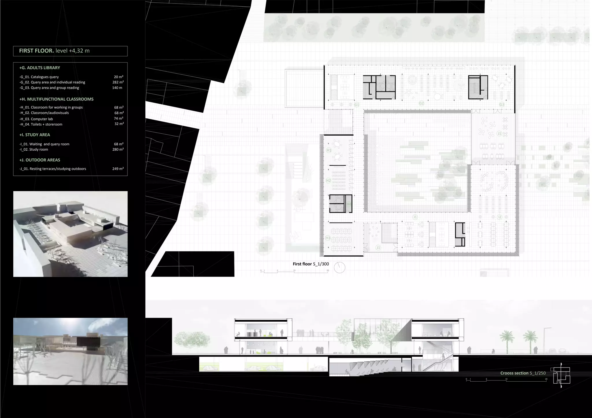 Crooss section S_1/250
0 1 5 10 20
0 1 5 10 20
First floor S_1/300
FIRST FLOOR. level +4,32 m
20 m²
282 m²
-G_01. Catalogues query
-G_02. Query area and individual reading
-G_03. Query area and group reading 140 m
+G. ADULTS LIBRARY
68 m²
68 m²
74 m²
-H_01. Classroom for working in groups
-H_02. Classroom/audiovisuals
-H_03. Computer lab
-H_04. Toilets + storeroom 32 m²
+H. MULTIFUNCTIONAL CLASSROOMS
68 m²-I_01. Waiting and query room
-I_02. Study room 280 m²
+I. STUDY AREA
-J_01. Resting terraces/studying outdoors 249 m²
+J. OUTDOOR AREAS
G1
H1
I1
G2 G3
H2
H3
H4
I2
J1
J1
 