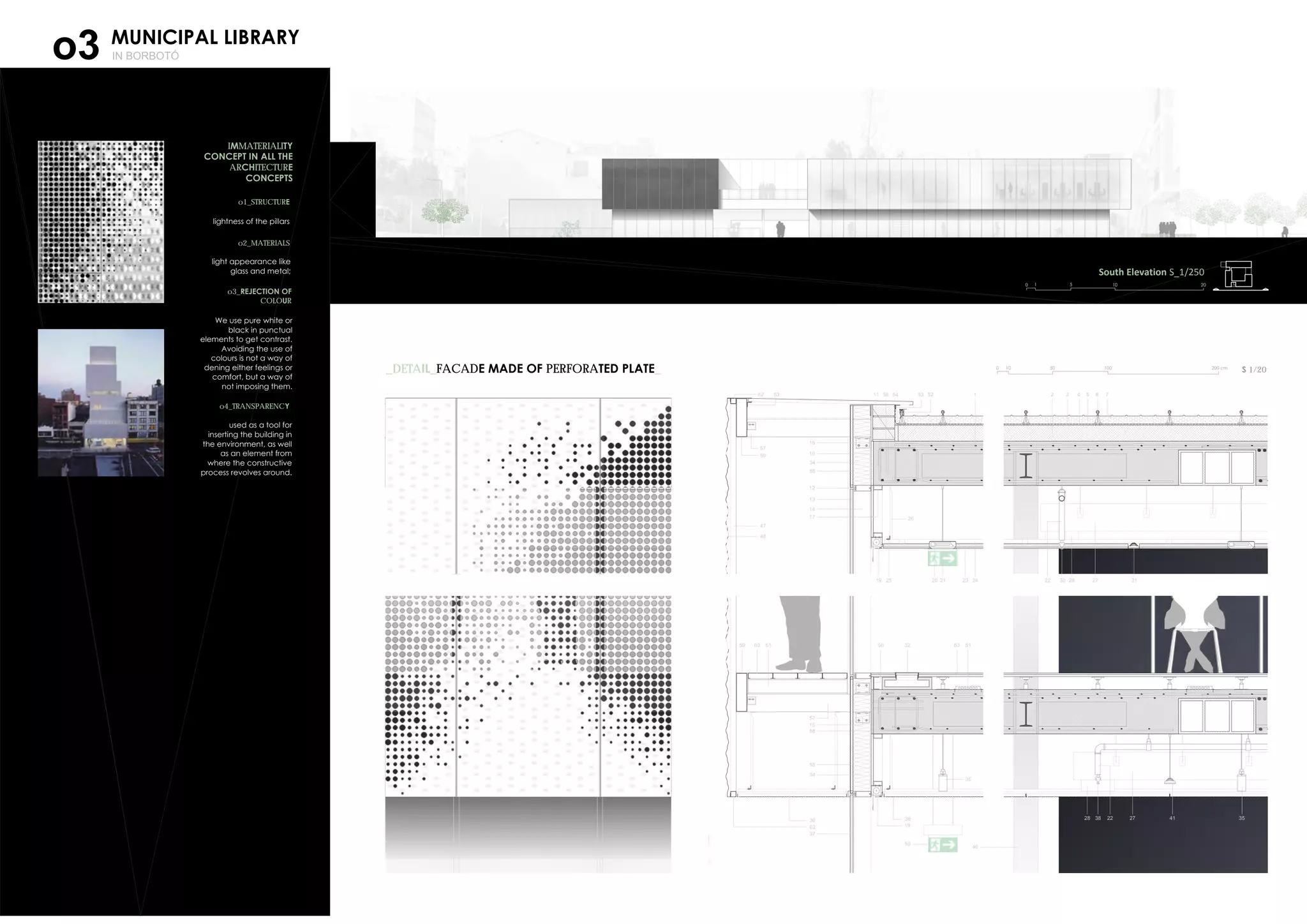 MUNICIPAL LIBRARY
IN BORBOTÓo3
South Elevation S_1/250
0 1 5 10 20
1 2 3 4 5 6 711 54 53 52
12
13
14
15
16
17
19 20 21 2223 2425
26
272830 31
6332
34
34
55
55
35
36
19
37
38 412728 22 35
46
56
53
57
15
60 6159
62
36
47
48
59
57
62 58
58
50
51
0 10 50 100 200 cm
S 1/20_DETAIL_FACADE MADE OF PERFORATED PLATE_
IMMATERIALITY
CONCEPT IN ALL THE
ARCHITECTURE
CONCEPTS
o1_STRUCTURE
lightness of the pillars
o2_MATERIALS
light appearance like
glass and metal;
o3_REJECTION OF
COLOUR
We use pure white or
black in punctual
elements to get contrast.
Avoiding the use of
colours is not a way of
dening either feelings or
comfort, but a way of
not imposing them.
o4_TRANSPARENCY
used as a tool for
inserting the building in
the environment, as well
as an element from
where the constructive
process revolves around.
 