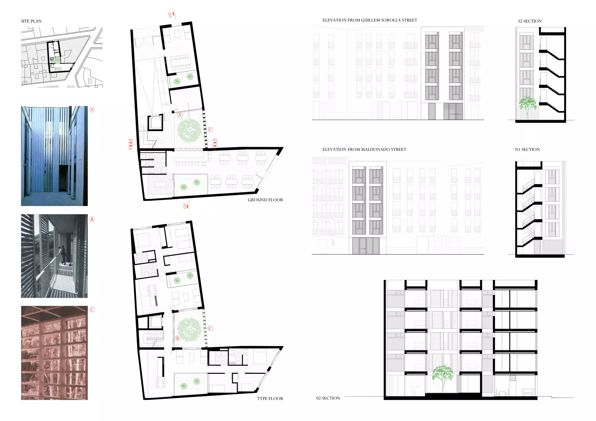 GROUND FLOOR
SITE PLAN
C
B
A
C
A
B
C
ELEVATION FROM GUILLEM SOROLLA STREET S2 SECTION
ELEVATION FROM MALDONADO STREET N1 SECTION
02 SECTIONTYPE FLOOR
O2
O2
N1
S1
N1
S1
 