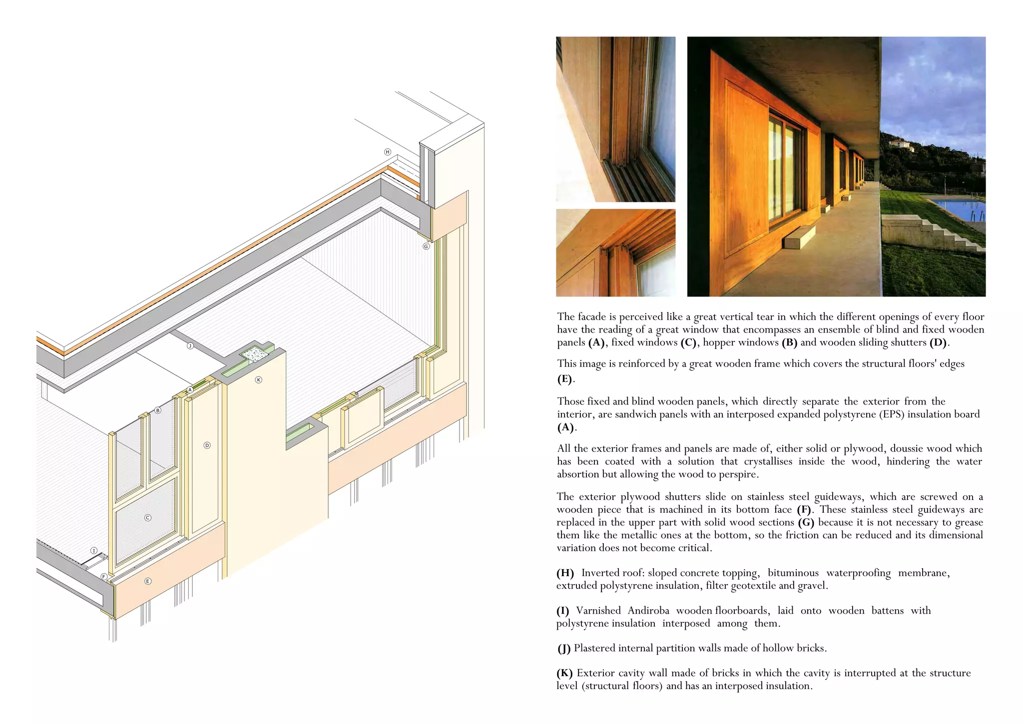 A
B
C
D
E
F
G
H
I
J
K
The facade is perceived like a great vertical tear in which the different openings of every floor
have the reading of a great window that encompasses an ensemble of blind and fixed wooden
panels (A), fixed windows (C), hopper windows (B) and wooden sliding shutters (D).
This image is reinforced by a great wooden frame which covers the structural floors' edges
(E).
Those fixed and blind wooden panels, which directly separate the exterior from the
interior, are sandwich panels with an interposed expanded polystyrene (EPS) insulation board
(A).
All the exterior frames and panels are made of, either solid or plywood, doussie wood which
has been coated with a solution that crystallises inside the wood, hindering the water
absortion but allowing the wood to perspire.
The exterior plywood shutters slide on stainless steel guideways, which are screwed on a
wooden piece that is machined in its bottom face (F). These stainless steel guideways are
replaced in the upper part with solid wood sections (G) because it is not necessary to grease
them like the metallic ones at the bottom, so the friction can be reduced and its dimensional
variation does not become critical.
(H) Inverted roof: sloped concrete topping, bituminous waterproofing membrane,
extruded polystyrene insulation, filter geotextile and gravel.
(I) Varnished Andiroba wooden floorboards, laid onto wooden battens with
polystyrene insulation interposed among them.
(J) Plastered internal partition walls made of hollow bricks.
(K) Exterior cavity wall made of bricks in which the cavity is interrupted at the structure
level (structural floors) and has an interposed insulation.
 