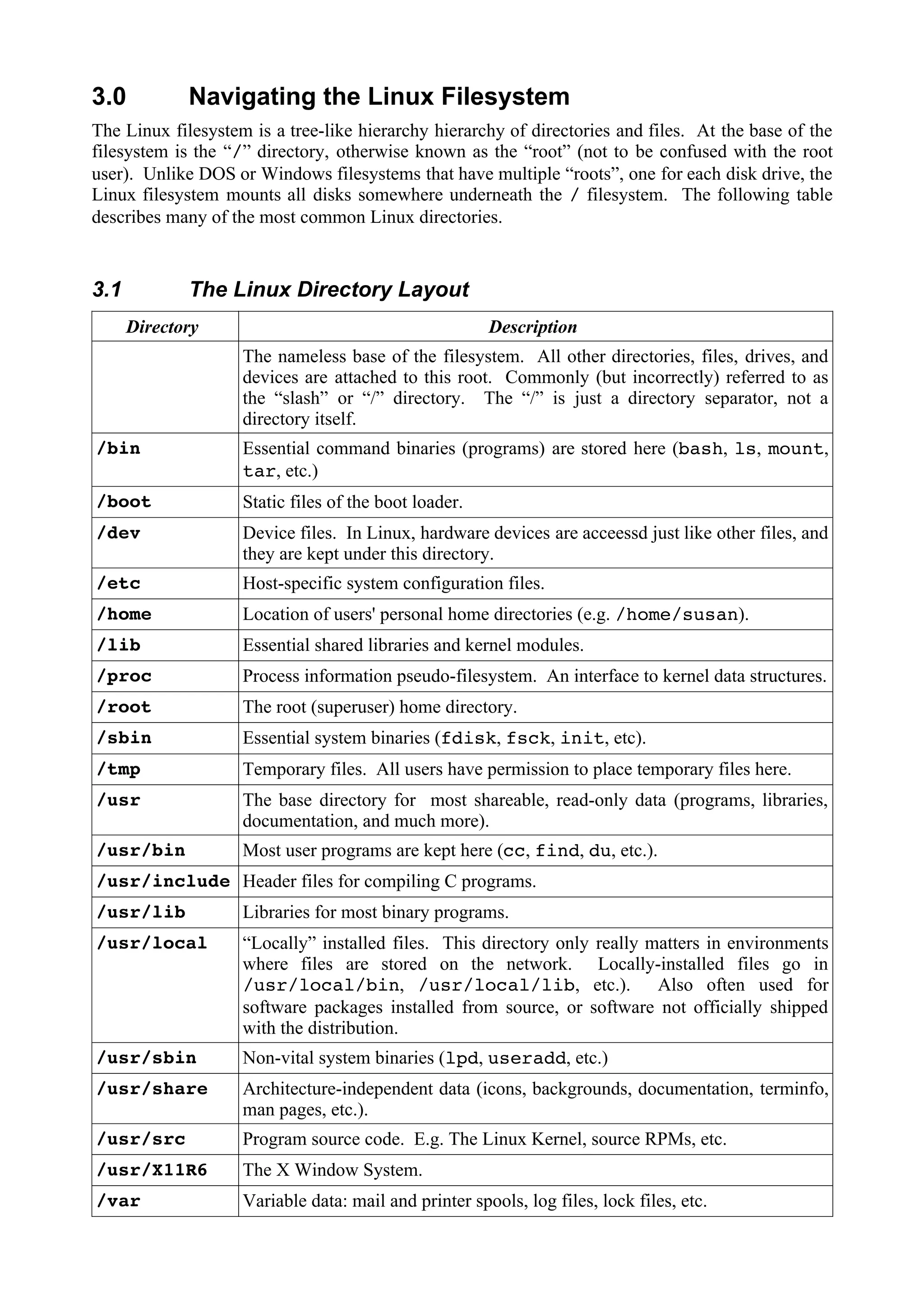3.0 Navigating the Linux Filesystem
The Linux filesystem is a tree-like hierarchy hierarchy of directories and files. At the base of the
filesystem is the “/” directory, otherwise known as the “root” (not to be confused with the root
user). Unlike DOS or Windows filesystems that have multiple “roots”, one for each disk drive, the
Linux filesystem mounts all disks somewhere underneath the / filesystem. The following table
describes many of the most common Linux directories.
3.1 The Linux Directory Layout
Directory Description
The nameless base of the filesystem. All other directories, files, drives, and
devices are attached to this root. Commonly (but incorrectly) referred to as
the “slash” or “/” directory. The “/” is just a directory separator, not a
directory itself.
/bin Essential command binaries (programs) are stored here (bash, ls, mount,
tar, etc.)
/boot Static files of the boot loader.
/dev Device files. In Linux, hardware devices are acceessd just like other files, and
they are kept under this directory.
/etc Host-specific system configuration files.
/home Location of users' personal home directories (e.g. /home/susan).
/lib Essential shared libraries and kernel modules.
/proc Process information pseudo-filesystem. An interface to kernel data structures.
/root The root (superuser) home directory.
/sbin Essential system binaries (fdisk, fsck, init, etc).
/tmp Temporary files. All users have permission to place temporary files here.
/usr The base directory for most shareable, read-only data (programs, libraries,
documentation, and much more).
/usr/bin Most user programs are kept here (cc, find, du, etc.).
/usr/include Header files for compiling C programs.
/usr/lib Libraries for most binary programs.
/usr/local “Locally” installed files. This directory only really matters in environments
where files are stored on the network. Locally-installed files go in
/usr/local/bin, /usr/local/lib, etc.). Also often used for
software packages installed from source, or software not officially shipped
with the distribution.
/usr/sbin Non-vital system binaries (lpd, useradd, etc.)
/usr/share Architecture-independent data (icons, backgrounds, documentation, terminfo,
man pages, etc.).
/usr/src Program source code. E.g. The Linux Kernel, source RPMs, etc.
/usr/X11R6 The X Window System.
/var Variable data: mail and printer spools, log files, lock files, etc.
 