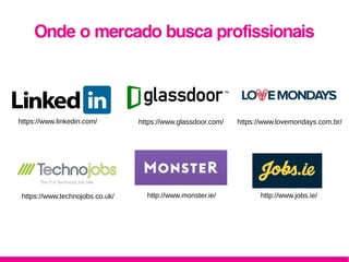 Onde o mercado busca profissionais
https://www.lovemondays.com.br/https://www.glassdoor.com/https://www.linkedin.com/
https://www.technojobs.co.uk/ http://www.monster.ie/ http://www.jobs.ie/
 
