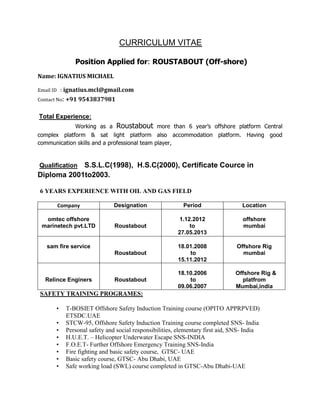 CURRICULUM VITAE
Position Applied for: ROUSTABOUT (Off-shore)
Name: IGNATIUS MICHAEL
Email ID : ignatius.mcl@gmail.com
Contact No: +91 9543837981
Total Experience:
Working as a Roustabout more than 6 year’s offshore platform Central
complex platform & sat light platform also accommodation platform. Having good
communication skills and a professional team player,
Qualification S.S.L.C(1998), H.S.C(2000), Certificate Cource in
Diploma 2001to2003.
6 YEARS EXPERIENCE WITH OIL AND GAS FIELD
Company Designation Period Location
omtec offshore
marinetech pvt.LTD Roustabout
1.12.2012
to
27.05.2013
offshore
mumbai
sam fire service
Roustabout
18.01.2008
to
15.11.2012
Offshore Rig
mumbai
Relince Enginers Roustabout
18.10.2006
to
09.06.2007
Offshore Rig &
platfrom
Mumbai,india
SAFETY TRAINING PROGRAMES:
• T-BOSIET Offshore Safety Induction Training course (OPITO APPRPVED)
ETSDC.UAE
• STCW-95, Offshore Safety Induction Training course completed SNS- India
• Personal safety and social responsibilities, elementary first aid, SNS- India
• H.U.E.T. – Helicopter Underwater Escape SNS-INDIA
• F.O.E.T- Further Offshore Emergency Training SNS-India
• Fire fighting and basic safety course, GTSC- UAE
• Basic safety course, GTSC- Abu Dhabi, UAE
• Safe working load (SWL) course completed in GTSC-Abu Dhabi-UAE
 