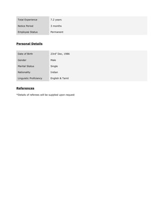 Total Experience 7.2 years
Notice Period 3 months
Employee Status Permanent
Personal Details
Date of Birth 23rdh
Dec, 1986
Gender Male
Marital Status Single
Nationality Indian
Linguistic Proficiency English & Tamil
References
*Details of referees will be supplied upon request
 