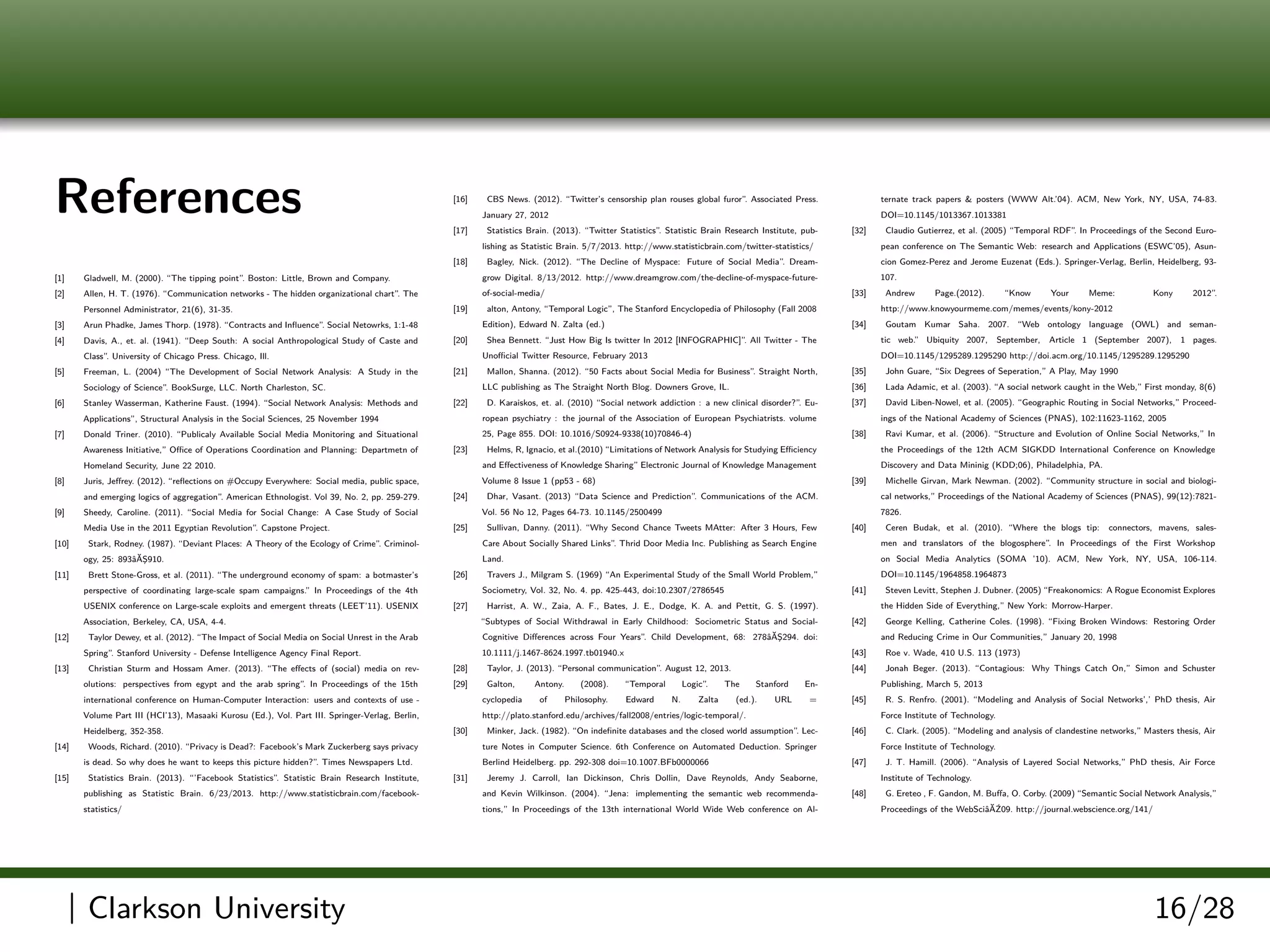 References
[1] Gladwell, M. (2000). “The tipping point”. Boston: Little, Brown and Company.
[2] Allen, H. T. (1976). “Communication networks - The hidden organizational chart”. The
Personnel Administrator, 21(6), 31-35.
[3] Arun Phadke, James Thorp. (1978). “Contracts and Inﬂuence”. Social Netowrks, 1:1-48
[4] Davis, A., et. al. (1941). “Deep South: A social Anthropological Study of Caste and
Class”. University of Chicago Press. Chicago, Ill.
[5] Freeman, L. (2004) “The Development of Social Network Analysis: A Study in the
Sociology of Science”. BookSurge, LLC. North Charleston, SC.
[6] Stanley Wasserman, Katherine Faust. (1994). “Social Network Analysis: Methods and
Applications”, Structural Analysis in the Social Sciences, 25 November 1994
[7] Donald Triner. (2010). “Publicaly Available Social Media Monitoring and Situational
Awareness Initiative,” Oﬃce of Operations Coordination and Planning: Departmetn of
Homeland Security, June 22 2010.
[8] Juris, Jeﬀrey. (2012). “reﬂections on #Occupy Everywhere: Social media, public space,
and emerging logics of aggregation”. American Ethnologist. Vol 39, No. 2, pp. 259-279.
[9] Sheedy, Caroline. (2011). “Social Media for Social Change: A Case Study of Social
Media Use in the 2011 Egyptian Revolution”. Capstone Project.
[10] Stark, Rodney. (1987). “Deviant Places: A Theory of the Ecology of Crime”. Criminol-
ogy, 25: 893âĂŞ910.
[11] Brett Stone-Gross, et al. (2011). “The underground economy of spam: a botmaster’s
perspective of coordinating large-scale spam campaigns.” In Proceedings of the 4th
USENIX conference on Large-scale exploits and emergent threats (LEET’11). USENIX
Association, Berkeley, CA, USA, 4-4.
[12] Taylor Dewey, et al. (2012). “The Impact of Social Media on Social Unrest in the Arab
Spring”. Stanford University - Defense Intelligence Agency Final Report.
[13] Christian Sturm and Hossam Amer. (2013). “The eﬀects of (social) media on rev-
olutions: perspectives from egypt and the arab spring”. In Proceedings of the 15th
international conference on Human-Computer Interaction: users and contexts of use -
Volume Part III (HCI’13), Masaaki Kurosu (Ed.), Vol. Part III. Springer-Verlag, Berlin,
Heidelberg, 352-358.
[14] Woods, Richard. (2010). “Privacy is Dead?: Facebook’s Mark Zuckerberg says privacy
is dead. So why does he want to keeps this picture hidden?”. Times Newspapers Ltd.
[15] Statistics Brain. (2013). “’Facebook Statistics”. Statistic Brain Research Institute,
publishing as Statistic Brain. 6/23/2013. http://www.statisticbrain.com/facebook-
statistics/
[16] CBS News. (2012). “Twitter’s censorship plan rouses global furor”. Associated Press.
January 27, 2012
[17] Statistics Brain. (2013). “Twitter Statistics”. Statistic Brain Research Institute, pub-
lishing as Statistic Brain. 5/7/2013. http://www.statisticbrain.com/twitter-statistics/
[18] Bagley, Nick. (2012). “The Decline of Myspace: Future of Social Media”. Dream-
grow Digital. 8/13/2012. http://www.dreamgrow.com/the-decline-of-myspace-future-
of-social-media/
[19] alton, Antony, “Temporal Logic”, The Stanford Encyclopedia of Philosophy (Fall 2008
Edition), Edward N. Zalta (ed.)
[20] Shea Bennett. “Just How Big Is twitter In 2012 [INFOGRAPHIC]”. All Twitter - The
Unoﬃcial Twitter Resource, February 2013
[21] Mallon, Shanna. (2012). “50 Facts about Social Media for Business”. Straight North,
LLC publishing as The Straight North Blog. Downers Grove, IL.
[22] D. Karaiskos, et. al. (2010) “Social network addiction : a new clinical disorder?”. Eu-
ropean psychiatry : the journal of the Association of European Psychiatrists. volume
25, Page 855. DOI: 10.1016/S0924-9338(10)70846-4)
[23] Helms, R, Ignacio, et al.(2010) “Limitations of Network Analysis for Studying Eﬃciency
and Eﬀectiveness of Knowledge Sharing” Electronic Journal of Knowledge Management
Volume 8 Issue 1 (pp53 - 68)
[24] Dhar, Vasant. (2013) “Data Science and Prediction”. Communications of the ACM.
Vol. 56 No 12, Pages 64-73. 10.1145/2500499
[25] Sullivan, Danny. (2011). “Why Second Chance Tweets MAtter: After 3 Hours, Few
Care About Socially Shared Links”. Thrid Door Media Inc. Publishing as Search Engine
Land.
[26] Travers J., Milgram S. (1969) “An Experimental Study of the Small World Problem,”
Sociometry, Vol. 32, No. 4. pp. 425-443, doi:10.2307/2786545
[27] Harrist, A. W., Zaia, A. F., Bates, J. E., Dodge, K. A. and Pettit, G. S. (1997).
“Subtypes of Social Withdrawal in Early Childhood: Sociometric Status and Social-
Cognitive Diﬀerences across Four Years”. Child Development, 68: 278âĂŞ294. doi:
10.1111/j.1467-8624.1997.tb01940.x
[28] Taylor, J. (2013). “Personal communication”. August 12, 2013.
[29] Galton, Antony. (2008). “Temporal Logic”. The Stanford En-
cyclopedia of Philosophy. Edward N. Zalta (ed.). URL =
http://plato.stanford.edu/archives/fall2008/entries/logic-temporal/.
[30] Minker, Jack. (1982). “On indeﬁnite databases and the closed world assumption”. Lec-
ture Notes in Computer Science. 6th Conference on Automated Deduction. Springer
Berlind Heidelberg. pp. 292-308 doi=10.1007.BFb0000066
[31] Jeremy J. Carroll, Ian Dickinson, Chris Dollin, Dave Reynolds, Andy Seaborne,
and Kevin Wilkinson. (2004). “Jena: implementing the semantic web recommenda-
tions,” In Proceedings of the 13th international World Wide Web conference on Al-
ternate track papers & posters (WWW Alt.’04). ACM, New York, NY, USA, 74-83.
DOI=10.1145/1013367.1013381
[32] Claudio Gutierrez, et al. (2005) “Temporal RDF”. In Proceedings of the Second Euro-
pean conference on The Semantic Web: research and Applications (ESWC’05), Asun-
cion Gomez-Perez and Jerome Euzenat (Eds.). Springer-Verlag, Berlin, Heidelberg, 93-
107.
[33] Andrew Page.(2012). “Know Your Meme: Kony 2012”.
http://www.knowyourmeme.com/memes/events/kony-2012
[34] Goutam Kumar Saha. 2007. “Web ontology language (OWL) and seman-
tic web.” Ubiquity 2007, September, Article 1 (September 2007), 1 pages.
DOI=10.1145/1295289.1295290 http://doi.acm.org/10.1145/1295289.1295290
[35] John Guare, “Six Degrees of Seperation,” A Play, May 1990
[36] Lada Adamic, et al. (2003). “A social network caught in the Web,” First monday, 8(6)
[37] David Liben-Nowel, et al. (2005). “Geographic Routing in Social Networks,” Proceed-
ings of the National Academy of Sciences (PNAS), 102:11623-1162, 2005
[38] Ravi Kumar, et al. (2006). “Structure and Evolution of Online Social Networks,” In
the Proceedings of the 12th ACM SIGKDD International Conference on Knowledge
Discovery and Data Mininig (KDD;06), Philadelphia, PA.
[39] Michelle Girvan, Mark Newman. (2002). “Community structure in social and biologi-
cal networks,” Proceedings of the National Academy of Sciences (PNAS), 99(12):7821-
7826.
[40] Ceren Budak, et al. (2010). “Where the blogs tip: connectors, mavens, sales-
men and translators of the blogosphere”. In Proceedings of the First Workshop
on Social Media Analytics (SOMA ’10). ACM, New York, NY, USA, 106-114.
DOI=10.1145/1964858.1964873
[41] Steven Levitt, Stephen J. Dubner. (2005) “Freakonomics: A Rogue Economist Explores
the Hidden Side of Everything,” New York: Morrow-Harper.
[42] George Kelling, Catherine Coles. (1998). “Fixing Broken Windows: Restoring Order
and Reducing Crime in Our Communities,” January 20, 1998
[43] Roe v. Wade, 410 U.S. 113 (1973)
[44] Jonah Beger. (2013). “Contagious: Why Things Catch On,” Simon and Schuster
Publishing, March 5, 2013
[45] R. S. Renfro. (2001). “Modeling and Analysis of Social Networks’,’ PhD thesis, Air
Force Institute of Technology.
[46] C. Clark. (2005). “Modeling and analysis of clandestine networks,” Masters thesis, Air
Force Institute of Technology.
[47] J. T. Hamill. (2006). “Analysis of Layered Social Networks,” PhD thesis, Air Force
Institute of Technology.
[48] G. Ereteo , F. Gandon, M. Buﬀa, O. Corby. (2009) “Semantic Social Network Analysis,”
Proceedings of the WebSciâĂŹ09. http://journal.webscience.org/141/
| Clarkson University 16/28
 
