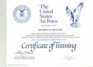 The
United
States
Air Force
CERTIFIES THAT
AB LOREN W. WILLIAMS
HAS SUCCESSFULLY COMPLETED THE
APPRENTICE AIRCRAFT STRUCTURAL MAINTENANCE SPECIALIST
COURSE JCABP2A 733 048B, PDS CODE OQD, 648 HOURS (81 DAYS) (CCAF 25 HRS)
AND IS HEREWITH AWARDED THIS
Certificate / "
Ulnl
STEVEN J. MORANI, CoI, USAF
Commander, 82d Training Group
AF FORM 1256, NOV 86 Previous edition will be used.
6 March 2008
DATE
 