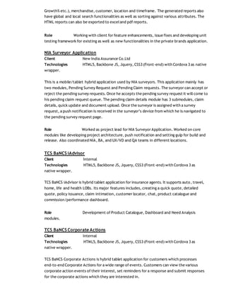 Growth% etc.), merchandise, customer, location and timeframe. The generated reports also
have global and local search functionalities as well as sorting against various attributes. The
HTML reports can also be exported to exceland pdf reports.
Role Working with client for feature enhancements, issue fixes and developing unit
testing framework for existing as well as new functionalities in the private brands application.
NIA Surveyor Application
Client New India Assurance Co.Ltd
Technologies HTML5, Backbone JS, Jquery, CSS3 (Front-end) with Cordova 3 as native
wrapper.
This is a mobile/tablet hybrid application used by NIA surveyors. This application mainly has
two modules, Pending Survey Request and Pending Claim requests. The surveyor can accept or
reject the pending survey requests. Once he accepts the pending survey request it will come to
his pending claim request queue. The pending claim details module has 3 submodules, claim
details, quick update and document upload. Once the surveyor is assigned with a survey
request, a push notification is received in the surveyor’s device from which he is navigated to
the pending survey request page.
Role Worked as project lead for NIA Surveyor Application. Worked on core
modules like developing project architecture, push notification and setting gulp for build and
release. Also coordinated NIA, BA, and UX/VD and QA teams in different locations.
TCS BaNCS iAdvisor
Client Internal
Technologies HTML5, Backbone JS, Jquery, CSS3 (Front-end) with Cordova 3 as
native wrapper.
TCS BaNCS iAdvisor is hybrid tablet application for insurance agents. It supports auto, travel,
home, life and health LOBs. Its major features includes, creating a quick quote, detailed
quote, policy issuance, claim intimation, customer locator, chat, product catalogue and
commission/performance dashboard.
Role Development of Product Catalogue, Dashboard and Need Analysis
modules.
TCS BaNCS Corporate Actions
Client Internal
Technologies HTML5, Backbone JS, Jquery, CSS3 (Front-end) with Cordova 3 as
native wrapper.
TCS BaNCS Corporate Actions is hybrid tablet application for customers which processes
end-to-end Corporate Actions for a wide range of events. Customers can view the various
corporate action events of their interest, set reminders for a response and submit responses
for the corporate actions which they are interested in.
 