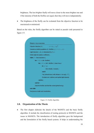 15
brightness. The less brighter firefly will move closer to the more brighter one and
if the intensity of both the fireflies are equal, then they will move independently.
 The brightness of the firefly can be evaluated from the objective function to be
maximized or minimized.
Based on the rules, the firefly algorithm can be stated as pseudo code presented in
figure 1.9.
Figure 1.9. Firefly Algorithm
1.8. Organization of the Thesis
 The first chapter elaborate the details of the MANETs and the basic firefly
algorithm. It include the classification of routing protocols in MANETs and the
issues in MANETs. The introduction of firefly algorithm gave the background
and the formulation of the firefly based systems. It helps in understanding the
 