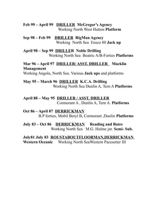Feb 99 – April 99 DRILLER McGregor’s Agency
Working North West Hutton Platform
Sep 98 – Feb 99 DRILLER RigMan Agency
Working North Sea Ensco 80 Jack up
April 98 – Sep 99 DRILLER Noble Drilling
Working North Sea Beatric A/B-Forties Platforms
Mar 96 – April 97 DRILLER/ ASST. DRILLER Macklin
Management
Working Angola, North Sea. Various Jack ups and platforms
May 95 – March 96 DRILLER K.C.A. Drilling
Working North Sea Dunlin A, Tern A Platforms
April 88 – May 95 DRILLER / ASST. DRILLER
Cormorant A , Dunlin A, Tern A. Platforms
Oct 86 – April 87 DERRICKMAN
B.P forties, Mobil Beryl B, Cormorant ,Dunlin Platforms
July 83 – Oct 86 DERRICKMAN Reading and Bates
Working North Sea M.G. Hulme jnr. Semi- Sub.
July81 July 83 ROUSTABOUTFLOORMAN,DERRICKMAN
Western Oceanic Working North SeaWestern Pacesetter III
 
