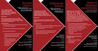 Executive
Diploma
ACCOUNTING
andBusinessin
This is a professional diploma
aimed at people who have not
completed their studies and bridges the
gap for students to earn a qualiﬁcation in
Business and Accounting.
Advancements
Those who successfully complete this course will be eligible to
follow the Postgraduate Diploma in Business and Finance (PDBF) and
save LKR 500,000 on the MBA of the University of Southern Queensland,
Australia, offered at CA Business School.
Entry Requirements
• Intermediate/Licentiate/CAB 1/CAB 2 qualiﬁed students of CA Sri Lanka who have
not yet obtained their ﬁnal qualiﬁcation
• Part qualiﬁed students of CIMA, ACCA, CIM or any equivalent qualiﬁcation
• Any other qualiﬁcation mentioned below:
• AAT (Sri Lanka), AAT (UK), HND, ICSA (UK), IFA (UK), IBSL, IB
(UK), internal students of universities, and other
professional qualiﬁcations recognized by CA Sri
Lanka
• Those with substantial experience in
Accounting and Finance ﬁelds without
formal qualiﬁcations in private
and public sector with
minimum of 3-5 years of
work experience
Entry Requirements:
A part qualiﬁcation and
1- 2 years of work
experience
Registration fee: Rs. 7,500
Course Fee: Rs. 120,000
(Full payment: students get 10% discount)
Installment Scheme: Rs. 40,000 per Semester
HNB Easy Payment Schemes also available
Intake: July 2016
Duration: 1 year
Postgraduate
FINANCE
andBusinessin
Fast track your way to a globally
renowned MBA from University of
Southern Queensland, Australia with an
additional saving of Rs. 500,000 with the
Postgraduate Diploma in Business and Finance.
Advancements
Those who successfully complete the Postgraduate Diploma will be
eligible to follow the MBA of the University of Southern Queensland,
Australia.
Entry Requirements
• Professional Qualiﬁcation from CA, CIMA, AAT, PQHRM, SLIM, CIM, CMA etc. or BSc.
Honors Degree from a recognised educational body and
• 2-5 years of work experience
Or
• Those with substantial experience in Accounting and Finance ﬁelds
without formal qualiﬁcations in private and public sector with
minimum of 10 years of work experience
Entry Requirements:
A professional /
academic qualiﬁcation and
minimum 2 years of work
experience
Registration fee: Rs. 9,500
Course Fee: Rs. 165,000
(Full payment: students get 10% discount)
Installment Scheme: Rs. 55,000 per Semester
HNB Easy Payment Schemes also available
Intake: August 2016
Duration: 1 year
Master of
of the University of
Southern Queensland
ADMINISTRATION
Business
Recognised as one of Sri Lanka’s
leading foreign MBA programmes and
sought after by a multitude of
professionals including the high proﬁle
corporate players from the accounting and
non-accounting spheres, the University of Southern
Queensland (USQ) MBA offered at CA Business School
has also been followed by a steady stream of Sri Lankan
students who are not only based locally but also overseas
including Fiji, Los Angeles, Dubai, and Qatar.
• No.5 for best MBAs in Australia (AFR Boss MBA Rankings 2015)
• Australia’s No.1 Online MBA programme (Online Australian Learning Center)
• UGC recognized under the Commonwealth universities.
• CA Business School has offered USQ MBA for over 13 years
• Transfer to Australia at any point of your programme
• Attend convocation in Sri Lanka or Australia
• Complete within 1-2 years
• Flexible learning
• Over 600 USQ alumni members in Sri Lanka
General MBA also includes the following
specialization areas,
1. Finance
2. Strategic Human Resource Management
3. Project Management
4. Strategic Marketing
Entry Requirements:
A professional / academic
qualiﬁcation and minimum 3
years of executive
work experience
Registration fee: Rs. 14,000
Course Fee: Rs. 100,000
(Subject to exchange rate changes)
HNB Easy Payment Schemes also available
Intake: February 2016 | June 2016 | November 2016
Duration: 1-2 year
Diploma
 