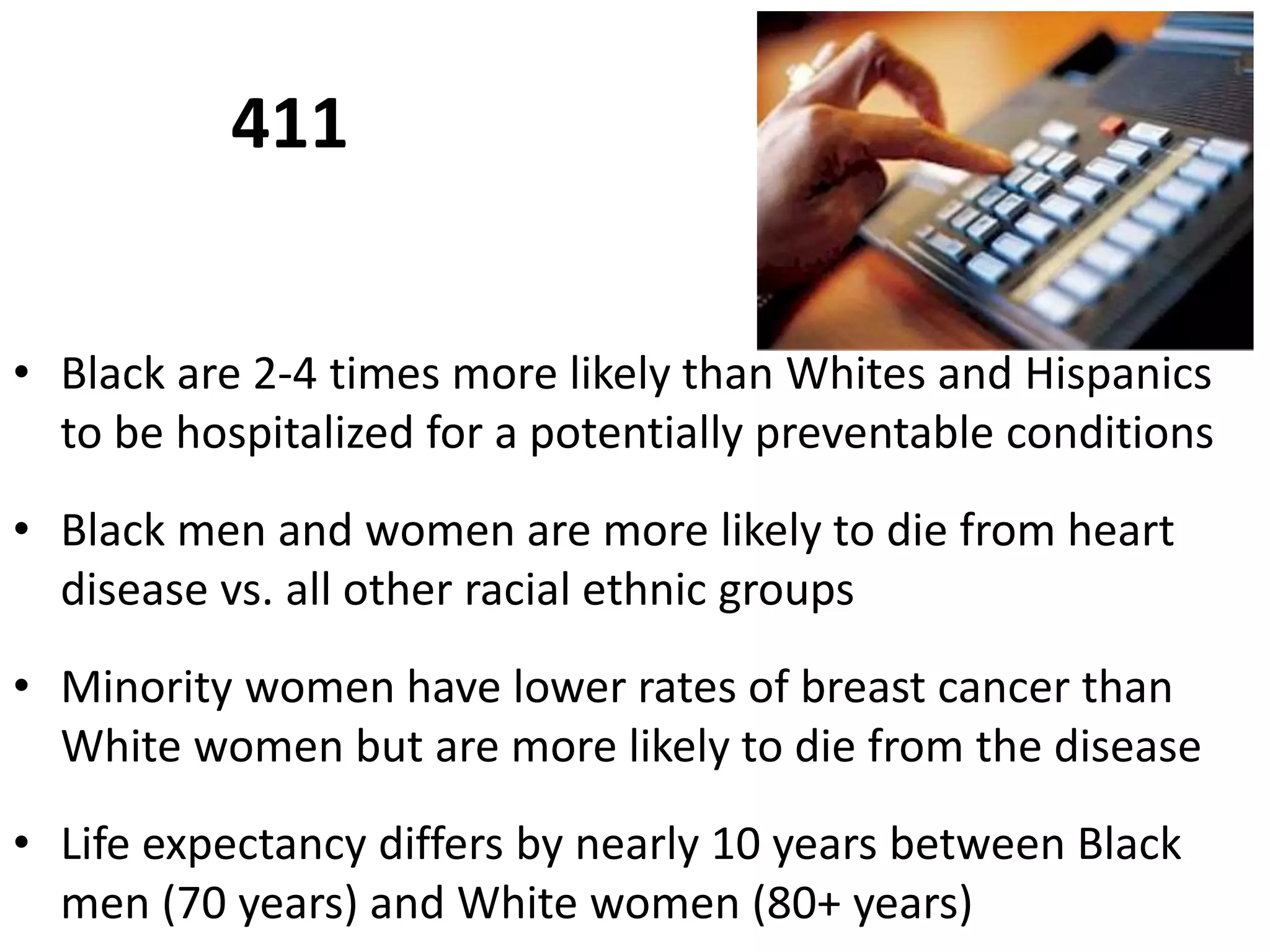 411
• Black are 2-4 times more likely than Whites and Hispanics
to be hospitalized for a potentially preventable conditions
• Black men and women are more likely to die from heart
disease vs. all other racial ethnic groups
• Minority women have lower rates of breast cancer than
White women but are more likely to die from the disease
• Life expectancy differs by nearly 10 years between Black
men (70 years) and White women (80+ years)
 