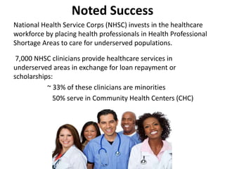 Noted Success
National Health Service Corps (NHSC) invests in the healthcare
workforce by placing health professionals in Health Professional
Shortage Areas to care for underserved populations.
7,000 NHSC clinicians provide healthcare services in
underserved areas in exchange for loan repayment or
scholarships:
~ 33% of these clinicians are minorities
50% serve in Community Health Centers (CHC)
 