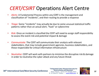 CERT/CSIRTCERT/CSIRT Operations Alert CentreOperations Alert Centre
•• Alerts:Alerts: A Fundamental Process within any CERT is the management and
classification of “incidents”, and their routing to provide a response
•• Triage:Triage: Some “incidents” may actually be due to some unusual statistical traffic
patterns rather than an actual alert, “hack” or cybercrime
•• Risk:Risk: Once an incident is classified the CERT will need to assign staff responsibility
to assess the event risk and potential impact & damage
37
“Integrated Cyber“Integrated Cyber--Physical Security forPhysical Security for
Governments and Business”Governments and Business”
Paris, France – 13th & 14th October 2014
© Dr David E. Probert : www.VAZA.com ©
30th International East/West Security Conference
•• Communicate:Communicate: The CERT will communicate their analysis with relevant
stakeholders, that may include government agencies, business stakeholders, and
those responsible for critical information infrastructure
•• Neutralise:Neutralise: CERT will work with partners to minimise the disruptive risk & damage
in order to neutralise the cyber attack and any future threat
 