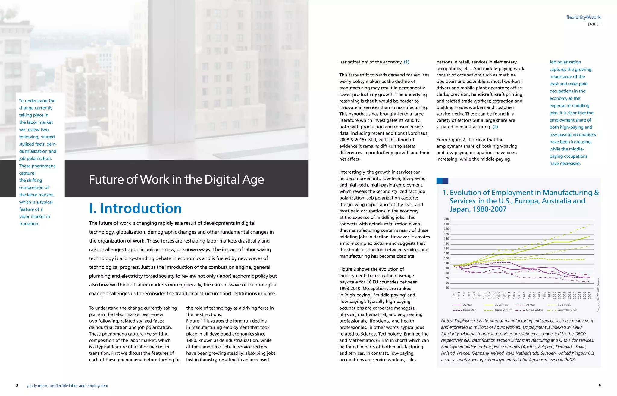 1. Evolution of Employment in Manufacturing 
Services in the U.S., Europa, Australia and
Japan, 1980-2007
Source:EUKLEMS2011Release
Notes: Employment is the sum of manufacturing and service sectors employment
and expressed in millions of hours worked. Employment is indexed in 1980
for clarity. Manufacturing and services are defined as suggested by the OECD,
respectively ISIC classification section D for manufacturing and G to P for services.
Employment index for European countries (Austria, Belgium, Denmark, Spain,
Finland, France, Germany, Ireland, Italy, Netherlands, Sweden, United Kingdom) is
a cross-country average. Employment data for Japan is missing in 2007.
8 9yearly report on flexible labor and employment
flexibility@work
‘servatization’ of the economy. (1)
This taste shift towards demand for services
worry policy makers as the decline of
manufacturing may result in permanently
lower productivity growth. The underlying
reasoning is that it would be harder to
innovate in services than in manufacturing.
This hypothesis has brought forth a large
literature which investigates its validity,
both with production and consumer side
data, including recent additions (Nordhaus,
2008  2015). Still, with this flood of
evidence it remains difficult to assess
differences in productivity growth and their
net effect.
Interestingly, the growth in services can
be decomposed into low-tech, low-paying
and high-tech, high-paying employment,
which reveals the second stylized fact: job
polarization. Job polarization captures
the growing importance of the least and
most paid occupations in the economy
at the expense of middling jobs. This
connects with deindustrialization given
that manufacturing contains many of these
middling jobs in decline. However, it creates
a more complex picture and suggests that
the simple distinction between services and
manufacturing has become obsolete.
Figure 2 shows the evolution of
employment shares by their average
pay-scale for 16 EU countries between
1993-2010. Occupations are ranked
in ‘high-paying’, ‘middle-paying’ and
‘low-paying’. Typically high-paying
occupations are corporate managers,
physical, mathematical, and engineering
professionals, life science and health
professionals, in other words, typical jobs
related to Science, Technology, Engineering
and Mathematics (STEM in short) which can
be found in parts of both manufacturing
and services. In contrast, low-paying
occupations are service workers, sales
To understand the change currently taking
place in the labor market we review
two following, related stylized facts:
deindustrialization and job polarization.
These phenomena capture the shifting
composition of the labor market, which
is a typical feature of a labor market in
transition. First we discuss the features of
each of these phenomena before turning to
the role of technology as a driving force in
the next sections.
Figure 1 illustrates the long run decline
in manufacturing employment that took
place in all developed economies since
1980, known as deindustrialization, while
at the same time, jobs in service sectors
have been growing steadily, absorbing jobs
lost in industry, resulting in an increased
Future of Work in the Digital Age
The future of work is changing rapidly as a result of developments in digital
technology, globalization, demographic changes and other fundamental changes in
the organization of work. These forces are reshaping labor markets drastically and
raise challenges to public policy in new, unknown ways. The impact of labor-saving
technology is a long-standing debate in economics and is fueled by new waves of
technological progress. Just as the introduction of the combustion engine, general
plumbing and electricity forced society to review not only (labor) economic policy but
also how we think of labor markets more generally, the current wave of technological
change challenges us to reconsider the traditional structures and institutions in place.
To understand the
change currently
taking place in
the labor market
we review two
following, related
stylized facts: dein-
dustrialization and
job polarization.
These phenomena
capture
the shifting
composition of
the labor market,
which is a typical
feature of a
labor market in
transition.
part I
Job polarization
captures the growing
importance of the
least and most paid
occupations in the
economy at the
expense of middling
jobs. It is clear that the
employment share of
both high-paying and
low-paying occupations
have been increasing,
while the middle-
paying occupations
have decreased.
persons in retail, services in elementary
occupations, etc.. And middle-paying work
consist of occupations such as machine
operators and assemblers; metal workers;
drivers and mobile plant operators; office
clerks; precision, handicraft, craft printing,
and related trade workers; extraction and
building trades workers and customer
service clerks. These can be found in a
variety of sectors but a large share are
situated in manufacturing. (2)
From Figure 2, it is clear that the
employment share of both high-paying
and low-paying occupations have been
increasing, while the middle-paying
200
190
180
170
160
150
140
130
120
110
90
80
70
60
50
1980
1981
1982
1983
1984
1985
1986
1987
1988
1989
1990
1991
1992
1993
1994
1995
1996
1997
1998
1999
2000
2001
2002
2003
2004
2005
2006
2007
US Man	 	 US Services 	 EU Man 	 	 EU Service
Japan Man	 Japan Services 	 Australia Man 	 Australia Servies
I. Introduction
 
