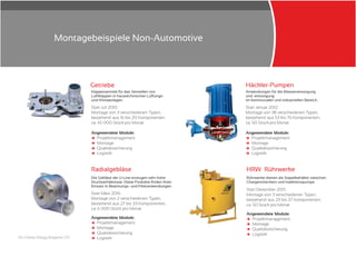 10 | Oskar Rüegg Bulgaria LTD
Getriebe
Start Juli 2010
Montage von 3 verschiedenen Typen,
bestehend aus 16 bis 20 Komponenten,
ca. 45 000 Stück pro Monat
Angewendete Module:
Projektmanagement
Montage
Qualitätssicherung
Logistik
и
и
и
и
Klappenantrieb für das Verstellen von
Luftklappen in haustechnischen Lüftungs-
und Klimaanlagen.
H ckler-Pumpenä
Start Januar 2012
Montage von 38 verschiedenen Typen,
bestehend aus 53 bis 76 Komponenten,
ca. 50 Stück pro Monat
Angewendete Module:
Projektmanagement
Montage
Qualitätssicherung
Logistik
и
и
и
и
Anwendungen für die Wasserversorgung
und -entsorgung
im kommunalen und industriellen Bereich.
Montagebeispiele Non-Automotive
HRW R hrwerkeü
Start Dezember 2015
Montage von 3 verschiedenen Typen,
bestehend aus 29 bis 37 Komponenten,
ca. 50 Stück pro Monat
Rührwerke dienen als Stapelbehälter zwischen
Chargenmischern und Injektionspumpe.
Angewendete Module:
Projektmanagement
Montage
Qualitätssicherung
Logistik
и
и
и
и
Radialgebl seä
Start M rz 2016
Montage von 2 verschiedenen Typen,
bestehend aus 27 bis 33 Komponenten,
ca. 6 000 Stück pro Monat
ä
Die Gebläse der U-Line erzeugen sehr hohe
Druckverhältnisse. Diese Produkte finden ihren
Einsatz in Beatmungs- und Filteranwendungen.
Angewendete Module:
Projektmanagement
Montage
Qualitätssicherung
Logistik
и
и
и
и
 