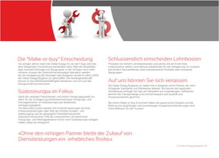 3 | Oskar Rüegg Bulgaria LTD
Die “Make-or-buy” Entscheidung
Vor einigen Jahren stand die Oskar Rüegg AG vor der Frage, wie man
dem steigenden Kostendruck standhalten kann. Weil die zeitaufwän-
dige manuelle Montage von Baugruppen in der Schweiz nicht mehr
rentierte, musste die Unternehmensstrategie überdacht werden.
Mit der Verlagerung der Montage nach Bulgarien wurde im Jahre 2006
die Oskar Rüegg Bulgaria Ltd. geschaffen. Die Muttergesellschaft
konnte so ihre Wettbewerbsfähigkeit bewahren und sich auf das
Kerngeschäft konzentrieren.
Südosteuropa im Fokus
Dank der niedrigen Faktorkosten und hohen Fertigungsqualität vor
allem für die Auslagerung lohnkostenintensiver Fertigungs- und
Montagearbeiten ist Südosteuropa das beliebteste
Verlagerungsgebiet.
Als besonders positiv werden die Kosteneinsparungen (erzielte
Kostenoptimierungen über 15%), der erhöhte Kunden- und
Marktzugang und die gestiegene Flexibilität betrachtet.
Statistisch bezeichnen 93% der Unternehmen, die bestimmte
Fertigungs- und Montagearbeiten schon nach Südosteuropa verlagert
haben, diese als erfolgreich.
Schlussendlich entscheiden Lohnkosten
Produkte mit hohem Lohnkostenanteil und solche, die am Ende ihres
Lebenszyklus stehen, sind ebenso prädestiniert für die Verlagerung ins Ausland
wie einfach herzustellende, stark standardisierte Produkte oder komplette
Baugruppen.
Auf uns können Sie sich verlassen
Mit Oskar Rüegg Bulgaria Ltd. haben Sie in Bulgarien einen Partner, der nach
Schweizer Standards und Denkweise arbeitet. Als Kenner der regionalen
Verhältnisse verfügen wir über ein Netzwerk von zuverlässigen Lieferanten,
kennen die Transportwege und sind konsequent auf Qualität und
Prozesssicherheit getrimmt.
Bei einem Make-or-Buy-Entscheid haben die gewünschte Qualität und die
Bildung von langfristigen und zuverlässigen Kooperationsbeziehungen eine
hohe Relevanz für den Kunden.
«Ohne den richtigen Partner bleibt der Zukauf von
Dienstleistungen ein erhebliches Risiko.»
 