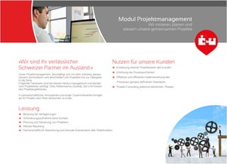 5 | Oskar Rüegg Bulgaria LTD
Unser Projektmanagement beschäftigt sich mit dem initiieren, planen,
steuern, kontrollieren und abschließen von Projekten bis zur Übergabe
in die Serie.
Folgende Parameter sind bei diesem Modul massgebend und werden
vom Projektleiter verfolgt: Ziele, Meilensteine, Qualität, Zeit und Kosten
des Projektergebnisses.
In partnerschaftlicher Atmosphäre und enger Zusammenarbeit bringen
wir Ihr Projekt nach Ihren Wünschen zu Ende.
Leistung
и
и
и
и
и
Beratung bei Verlagerungen
Anforderungsaufnahme beim Kunden
Planung und Steuerung von Projekten
Aktives Reporting
Partnerschaftliche Abwicklung und zentrale Koordination aller Stakeholders
Nutzen für unsere Kunden
и
и
и
и
Entlastung interner Projektkosten des Kunden
Erhöhung der Prozesssicherheit
Effektive und effiziente Implementierung des
Prozesses gemäss definierten Standards
Projekt-Controlling während sämtlichen Phasen
«Wir sind Ihr verlässlicher
Schweizer Partner im Ausland.»
Modul Projektmanagement
Wir initiieren, planen und
steuern unsere gemeinsamen Projekte
 