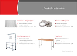 7 | Oskar Rüegg Bulgaria LTD
Arbeitsplatzsysteme
и
и
и
Aluminiumprofil Systeme
(Projektbezogene Abmessungen)
Einzelpreis: Ab 699 €
Kosteneinsparung für den Kunden: - 16 %
Holzplatten
и
и
и
Keilgerzinkte Arbeitsplatten aus
Laubholz
Einzelpreis: Ab 46 €
Kosteneinsparung für den Kunden: - 21 %
Trennwand - Polypropylen Zahnrad und Segment
и
и
и
Gesinterte Zeichnungsteile
Einzelpreis: Ab 0.57 €
Kosteneinsparung für den Kunden: - 16 %
и
и
и
Verpackungsmaterial Automotiv
Einzelpreis: Ab 0.50 €
Kosteneinsparung für den Kunden: - 24 %
Beschaffungsbeispiele
 