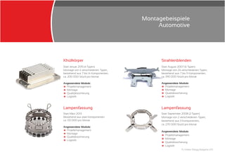 Kh lk rperü ö
Start Januar 2015 (4 Typen)
Montage von 4 verschiedenen Typen,
bestehend aus 7 bis 14 Komponenten,
ca. 200 000 Stück pro Monat
Angewendete Module:
Projektmanagement
Montage
Qualitätssicherung
Logistik
и
и
и
и
Start August 2007 (6 Typen)
Montage von 24 verschiedenen Typen,
bestehend aus 7 bis 9 Komponenten,
ca. 390 000 Stück pro Monat
Angewendete Module:
Projektmanagement
Montage
Qualitätssicherung
Logistik
и
и
и
и
Strahlenblenden
Start M rz 2013
Bestehend aus zwei Komponenten
ca. 133 000 pro Monat
Angewendete Module:
Projektmanagement
Montage
Qualitätssicherung
Logistik
ä
и
и
и
и
Lampenfassung Lampenfassung
Start September 2008 (2 Typen)
Montage von 2 verschiedenen Typen,
bestehend aus 3 Komponenten,
ca. 270 000 Stück pro Monat
Angewendete Module:
Projektmanagement
Montage
Qualitätssicherung
Logistik
и
и
и
и
Montagebeispiele
Automotive
9 | Oskar Rüegg Bulgaria LTD
 