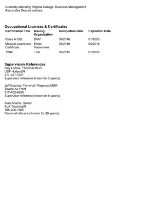 Currently attending Virginia College, Business Management,
Associates Degree classes.
Occupational Licenses & Certificates
Certification Title Issuing
Organization
Completion Date Expiration Date
Class A CDL DMV 09/2016 01/2020
Medical examiners
Certificate
Emile
Vadermeer
05/2016 05/2018
TWIC TSA 09/2015 01/2020
Supervisory References
Billy Lomax, Terminal MGR
USF HollandIN
317-227-7627
Supervisor reference known for 3 year(s).
Jeff Bashaw, Terminal / Regional MGR
Towne Air FrtIN
317-402-4859
Supervisor reference known for 8 year(s).
Alan Adams, Owner
ALA TruckingIN
765-208-1565
Personal reference known for 26 year(s).
 