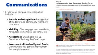 • Evidence of campus-wide integration
include:
• Awards and recognition: Recognition
of students’ and community members’
civic work
• Visibility: Civic engagement in website,
news, research articles, speeches, etc.
• Assessment: Data backs this up.
Consider a “Making the Case” report.
• Investment of Leadership and Funds:
Community engagement moves from
the margin to center.
Communications
 