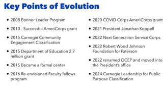 Key Points of Evolution
• 2008 Bonner Leader Program
• 2010 - Successful AmeriCorps grant
• 2015 Carnegie Community
Engagement Classi
fi
cation
• 2015 Department of Education 2.7
million grant
• 2015 Became a formal center
• 2016 Re-envisioned Faculty fellows
program
• 2020 COVID Corps AmeriCorps grant
• 2021 President Jonathan Koppell
• 2022 Next Generation Service Corps
• 2022 Robert Wood Johnson
Foundation for Paterson
• 2022 renamed OCEP and moved into
the President’s of
fi
ce
• 2024 Carnegie Leadership for Public
Purpose Classi
fi
cation
 