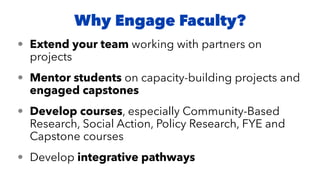 • Extend your team working with partners on
projects
• Mentor students on capacity-building projects and
engaged capstones
• Develop courses, especially Community-Based
Research, Social Action, Policy Research, FYE and
Capstone courses
• Develop integrative pathways
Why Engage Faculty?
 