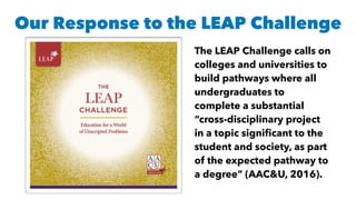 The LEAP Challenge calls on
colleges and universities to
build pathways where all
undergraduates to
complete a substantial
“cross-disciplinary project
in a topic signi
fi
cant to the
student and society, as part
of the expected pathway to
a degree” (AAC&U, 2016).
Our Response to the LEAP Challenge
 