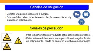 Señales de precaución
• Denotar una acción obligatoria a cumplir.
• Estas señales deben tener forma circular, fondo en color azul y
símbolo en color blanco.
• Para indicar precaución y advertir sobre algún riesgo presente.
• Estas señales deben tener forma geométrica triangular, fondo
en color amarillo, banda de contorno y símbolo en color negro
Señales de obligación
 