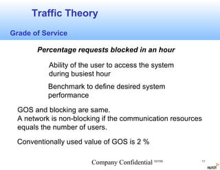 Traffic Theory
Grade of Service

        Percentage requests blocked in an hour

           Ability of the user to access the system
           during busiest hour
           Benchmark to define desired system
           performance

  GOS and blocking are same.
  A network is non-blocking if the communication resources
  equals the number of users.

  Conventionally used value of GOS is 2 %

                        Company Confidential 15/7/05     11
 