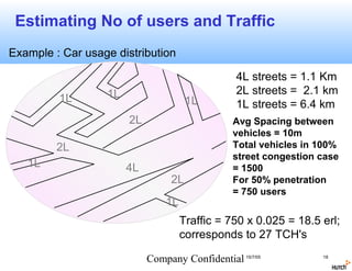 Estimating No of users and Traffic
Example : Car usage distribution

                                                  4L streets = 1.1 Km
                  1L                              2L streets = 2.1 km
         1L                            1L         1L streets = 6.4 km
                       2L                        Avg Spacing between
                                                 vehicles = 10m
         2L                                      Total vehicles in 100%
                                                 street congestion case
   1L                  4L                        = 1500
                                  2L             For 50% penetration
                                                 = 750 users
                                1L
                                     Traffic = 750 x 0.025 = 18.5 erl;
                                     corresponds to 27 TCH's

                            Company Confidential 15/7/05           18
 