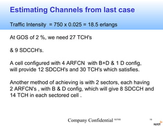 Estimating Channels from last case
Traffic Intensity = 750 x 0.025 = 18.5 erlangs

At GOS of 2 %, we need 27 TCH's

& 9 SDCCH's.

A cell configured with 4 ARFCN with B+D & 1 D config,
will provide 12 SDCCH's and 30 TCH's which satisfies.

Another method of achieving is with 2 sectors, each having
2 ARFCN's , with B & D config, which will give 8 SDCCH and
14 TCH in each sectored cell .



                        Company Confidential 15/7/05    19
 