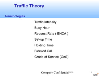 Traffic Theory

Terminologies
                Traffic Intensity
                Busy Hour
                Request Rate ( BHCA )
                Set-up Time
                Holding Time
                Blocked Call
                Grade of Service (GoS)



                     Company Confidential 15/7/05   3
 