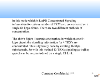 In this mode which is LAPD Concentrated Signaling
information for certain number of TRX's are concentrated on a
single 64 kbps circuit. There are two different methods of
concentration.

The above figure illustrates one method in which on one 64
kbps circuit the signaling information for 4 TRX's are
concentrated. This is typically done by creating 16 kbps
subchannels. So with this method 13 TRXs signaling as well as
speech can be accommodated on a single E1 Link.




                       Company Confidential 15/7/05             30
 