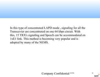 In this type of concentrated LAPD mode , signaling for all the
Transcevier are concentrated on one 64 kbps circuit. With
this, 15 TRX's signaling and Speech can be accommodated on
1xE1 link. This method is becoming very popular and is
adopted by many of the NEMS.




                          Company Confidential 15/7/05           32
 